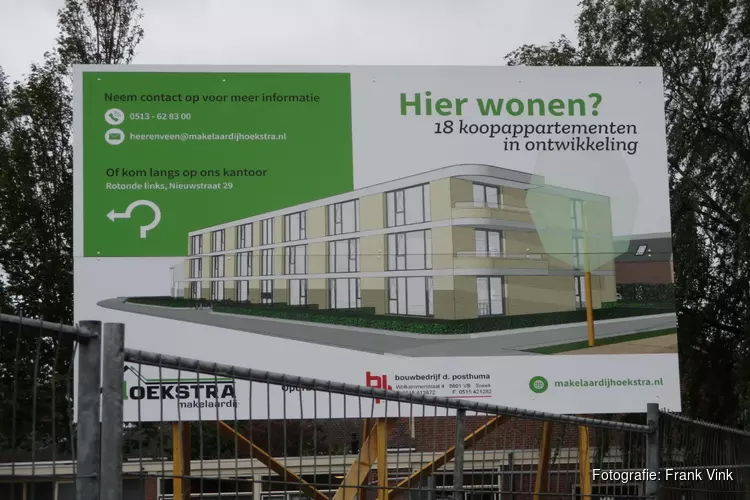 Bouwhekken en bouwbord geplaatst voor de bouw van appartementen aan de Karel Poststraat in Heerenveen